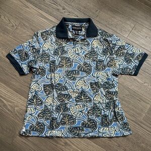 Ocean Pacific | OP Vintage Hawaiian Blue and Gold Leaf Polo Shirt Size Medium